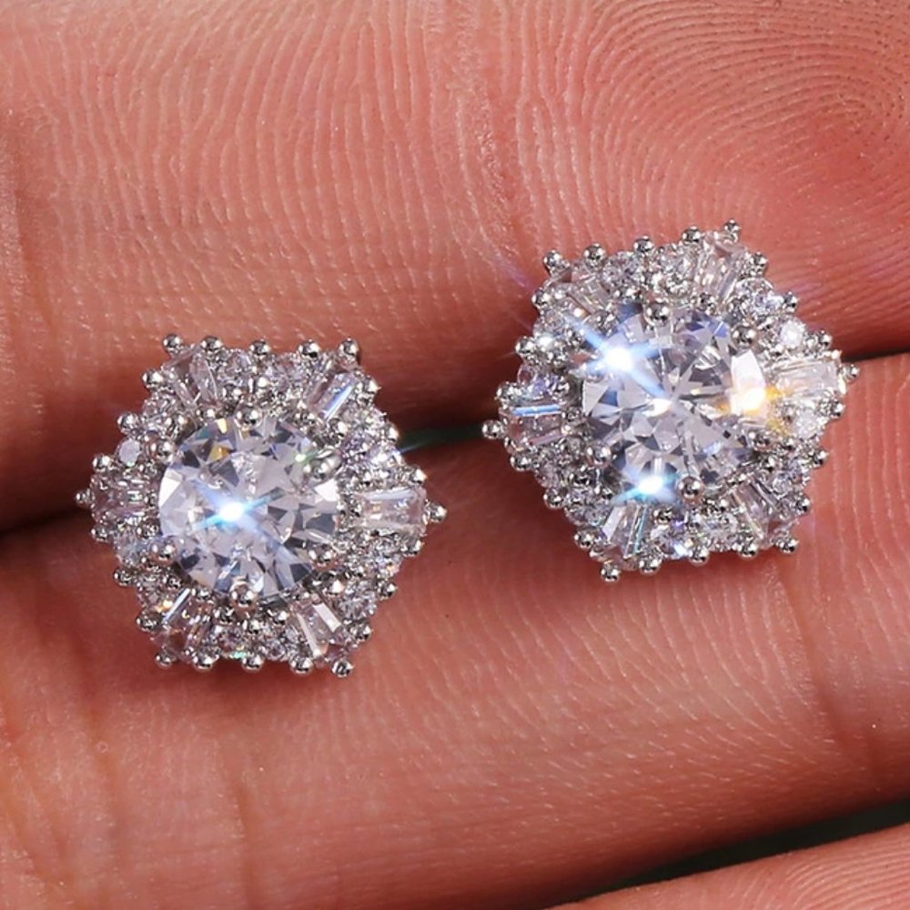 NEW 925 Sterling Silver Diamond Hexagon Earrings